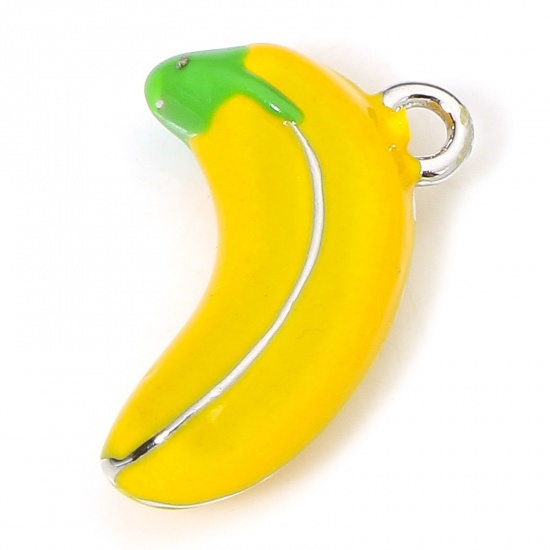 Picture of 1 Piece Eco-friendly Brass Charms Real Platinum Plated Yellow Banana Fruit 3D Enamel 14.5mm x 10mm