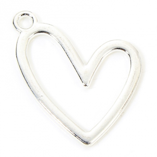 Picture of 20 PCs Zinc Based Alloy Valentine's Day Charms Silver Plated Heart Hollow 25mm x 21mm