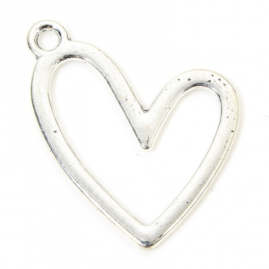 Picture of 20 PCs Zinc Based Alloy Valentine's Day Charms Antique Silver Color Heart Hollow 25mm x 21mm