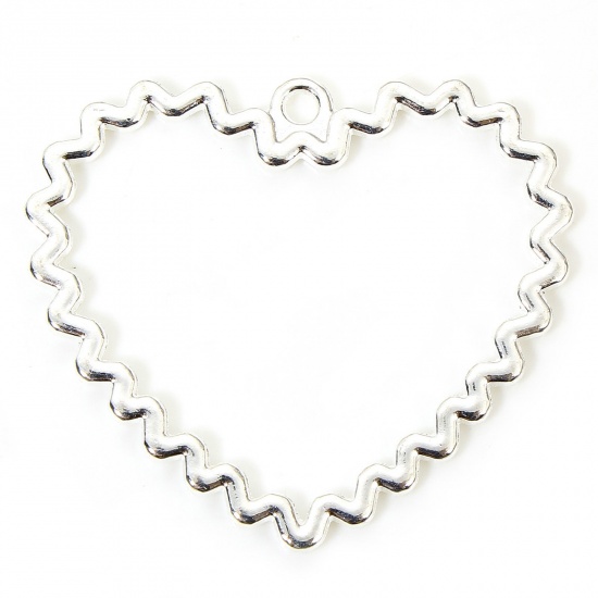 10 PCs Zinc Based Alloy Valentine's Day Pendants Silver Plated Heart Hollow 3.3cm x 2.9cm の画像