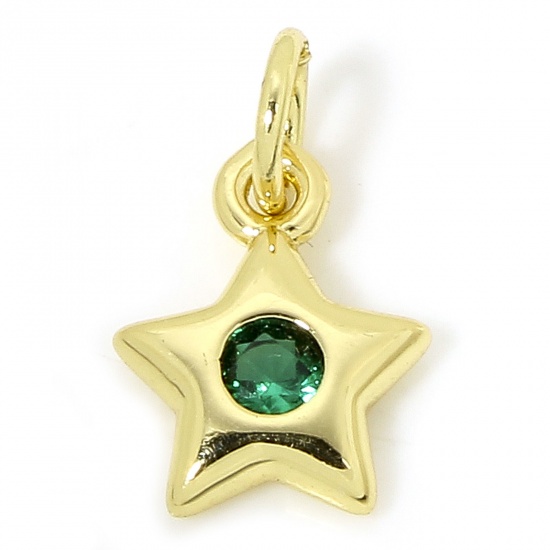 Picture of 1 Piece Brass Galaxy Charms 18K Gold Plated Star Green Cubic Zirconia 14mm x 9mm