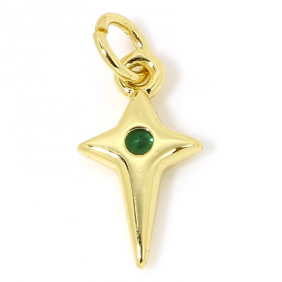 Picture of 1 Piece Brass Galaxy Charms 18K Gold Plated Star Green Cubic Zirconia 18mm x 8mm
