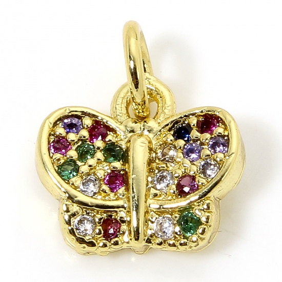 Immagine di 1 Piece Brass Insect Charms 18K Gold Plated Butterfly Animal Micro Pave Multicolour Cubic Zirconia 12mm x 10mm