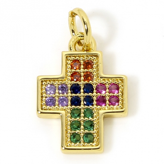 Immagine di 1 Piece Brass Religious Charms 18K Gold Plated Cross Micro Pave Multicolour Cubic Zirconia 17mm x 10mm