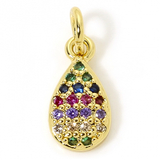 Picture of 1 Piece Brass Geometric Charms 18K Gold Plated Drop Micro Pave Multicolour Cubic Zirconia 16mm x 6.5mm