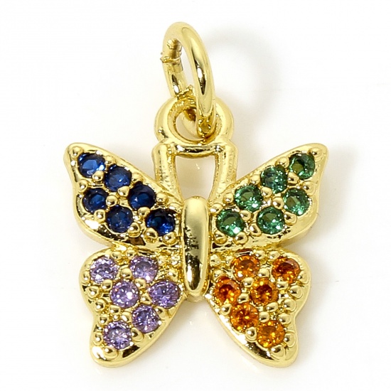 Immagine di 1 Piece Brass Insect Charms 18K Gold Plated Butterfly Animal Micro Pave Multicolour Cubic Zirconia 15mm x 11mm