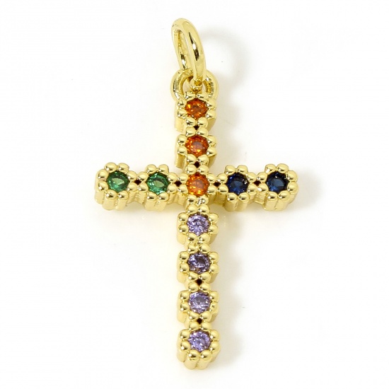 Immagine di 1 Piece Brass Religious Charms 18K Gold Plated Cross Micro Pave Multicolour Cubic Zirconia 24mm x 13mm
