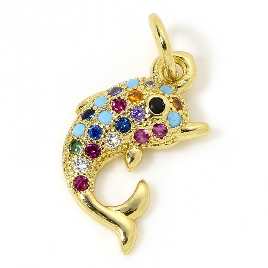 Immagine di 1 Piece Brass Ocean Jewelry Charms 18K Gold Plated Dolphin Animal Micro Pave Multicolour Cubic Zirconia 18mm x 9mm