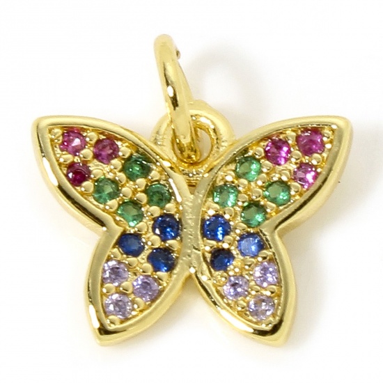 Picture of 1 Piece Brass Insect Charms 18K Gold Plated Butterfly Animal Micro Pave Multicolour Cubic Zirconia 13mm x 13mm