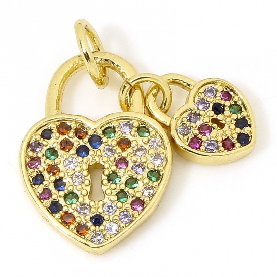Immagine di 1 Piece Brass Valentine's Day Charms 18K Gold Plated Lock Heart Micro Pave Multicolour Cubic Zirconia 18mm x 10mm