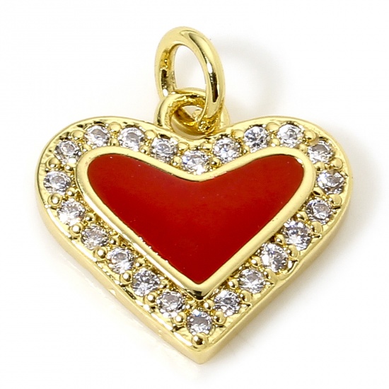 Immagine di 1 Piece Brass Valentine's Day Charms 18K Gold Plated Red Heart Enamel Micro Pave Clear Cubic Zirconia 14.5mm x 12mm