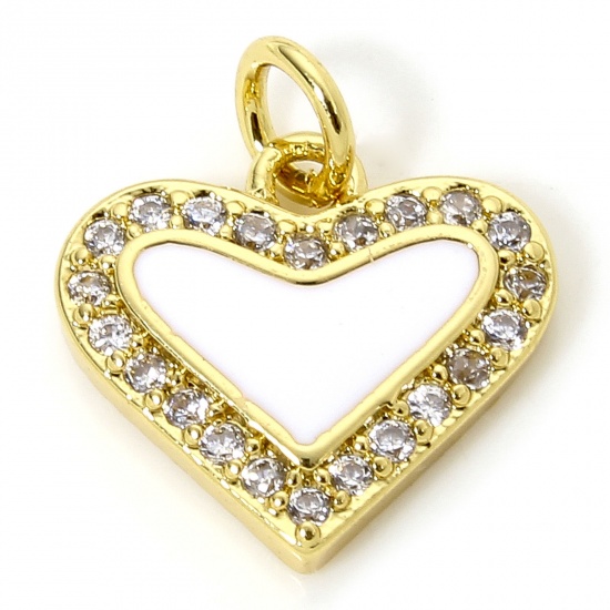 Imagen de 1 Unidad Latón día de San Valentín Colgantes Corazón Chapado en Oro de 18K Blanco Esmalte Claro Circón Artificial 14.5mm x 12mm