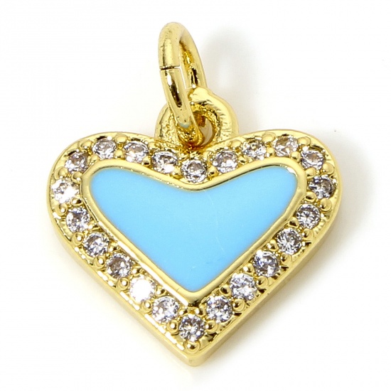 Imagen de 1 Unidad Latón día de San Valentín Colgantes Corazón Chapado en Oro de 18K Azul Esmalte Claro Circón Artificial 14.5mm x 12mm