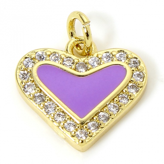 Immagine di 1 Piece Brass Valentine's Day Charms 18K Gold Plated Purple Heart Enamel Micro Pave Clear Cubic Zirconia 14.5mm x 12mm