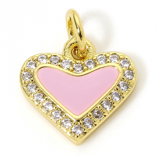 Immagine di 1 Piece Brass Valentine's Day Charms 18K Gold Plated Pink Heart Enamel Micro Pave Clear Cubic Zirconia 14.5mm x 12mm
