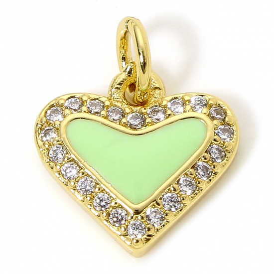 Immagine di 1 Piece Brass Valentine's Day Charms 18K Gold Plated Green Heart Enamel Micro Pave Clear Cubic Zirconia 14.5mm x 12mm