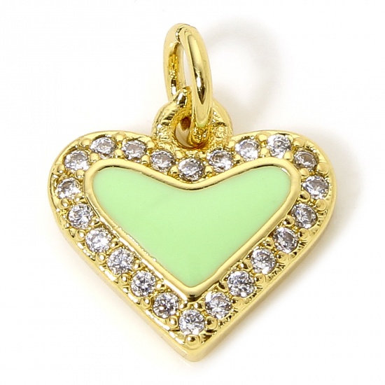 Imagen de 1 Unidad Latón día de San Valentín Colgantes Corazón Chapado en Oro de 18K Verde Esmalte Claro Circón Artificial 14.5mm x 12mm
