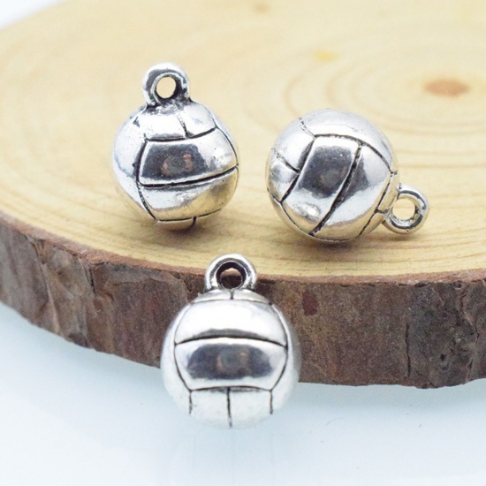 Picture of 20 PCs Zinc Based Alloy Sport Charms Antique Silver Color Volleyball 3D 14mm x 11mm