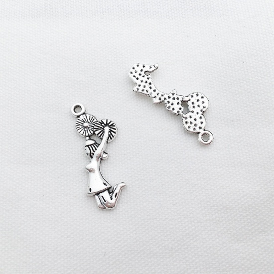 Picture of 20 PCs Zinc Based Alloy Sport Charms Antique Silver Color Cheerleading Team Girl 28mm x 10mm