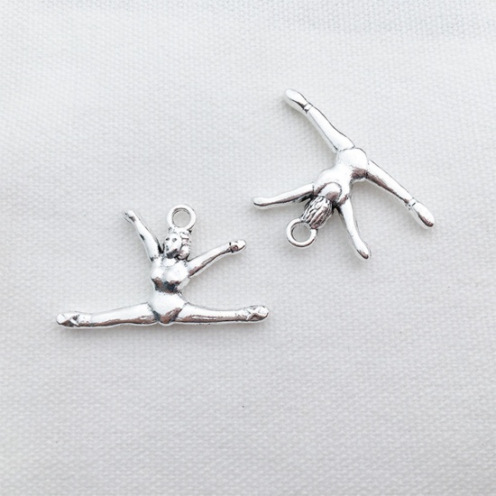 Picture of 20 PCs Zinc Based Alloy Sport Charms Antique Silver Color Gymnast 27mm x 15mm