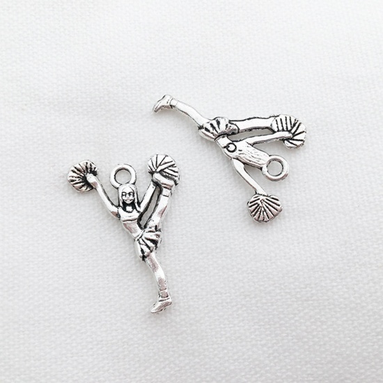 Picture of 20 PCs Zinc Based Alloy Sport Charms Antique Silver Color Cheerleading Team Girl 24mm x 16mm
