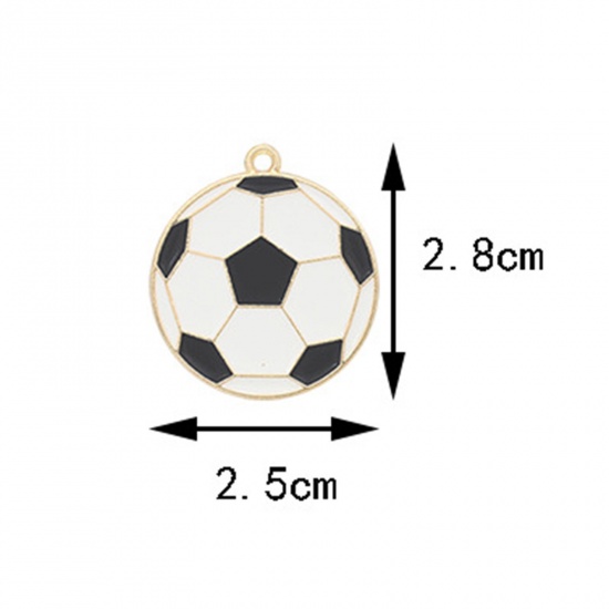 Picture of 10 PCs Zinc Based Alloy Sport Charms Gold Plated Black & White Football Enamel 28mm x 25mm