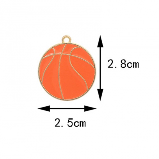 Picture of 10 PCs Zinc Based Alloy Sport Charms Gold Plated Orange Basketball Enamel 28mm x 25mm