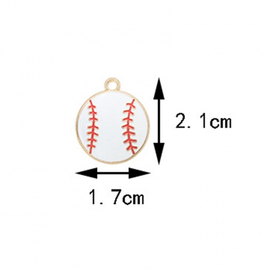Picture of 10 PCs Zinc Based Alloy Sport Charms Gold Plated White & Red Baseball Enamel 21mm x 17mm