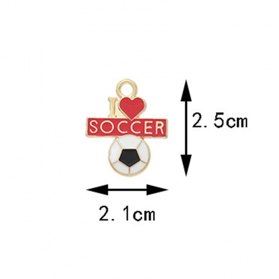 Picture of 10 PCs Zinc Based Alloy Sport Charms Gold Plated Multicolor Football Heart Message " soccer " Enamel 25mm x 21mm