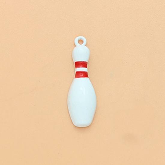 Immagine di 10 PCs Zinc Based Alloy Sport Charms Gold Plated White & Red Bowling Ball Enamel 24mm x 8mm