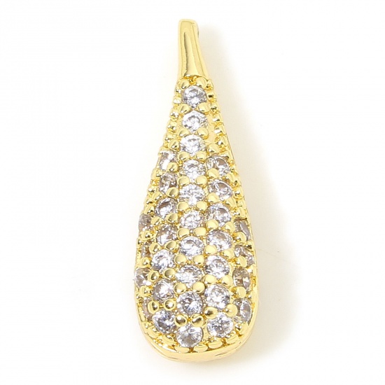 Immagine di 1 Piece Eco-friendly Brass Micro Pave Charms 18K Real Gold Plated Drop 3D Clear Cubic Zirconia 18mm x 6mm