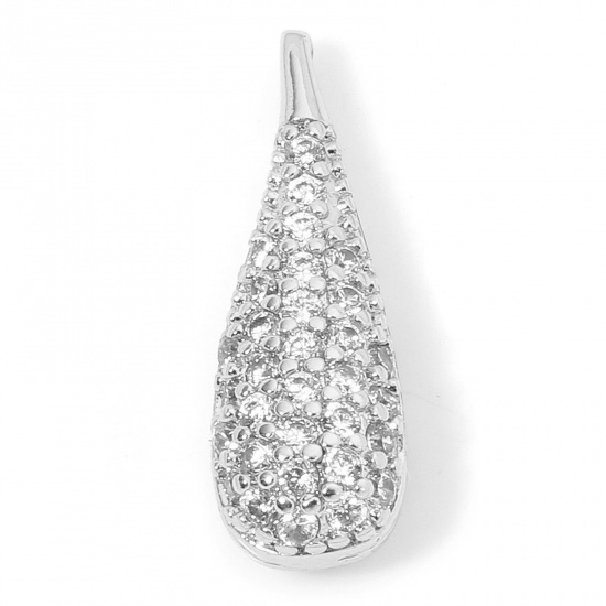 Immagine di 1 Pz Ecologico Ottone Micro Intarsio Ciondoli Goccia Vero Platino Placcato 3D Trasparente Cubic Zirconiae 18mm x 6mm