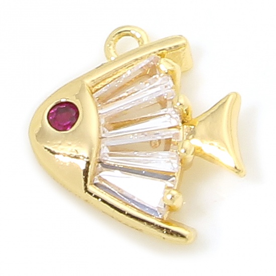 Immagine di 1 Piece Eco-friendly Brass Ocean Jewelry Charms 18K Real Gold Plated Fish Animal Fuchsia Cubic Zirconia Clear Rhinestone 12mm x 10mm