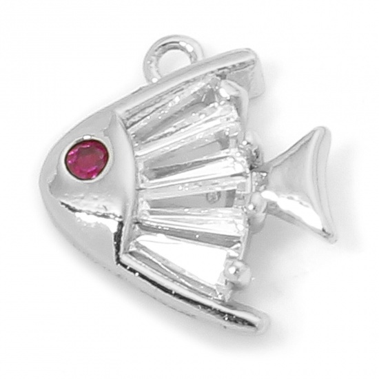 Immagine di 1 Piece Eco-friendly Brass Ocean Jewelry Charms Real Platinum Plated Fish Animal Fuchsia Cubic Zirconia Clear Rhinestone 12mm x 10mm