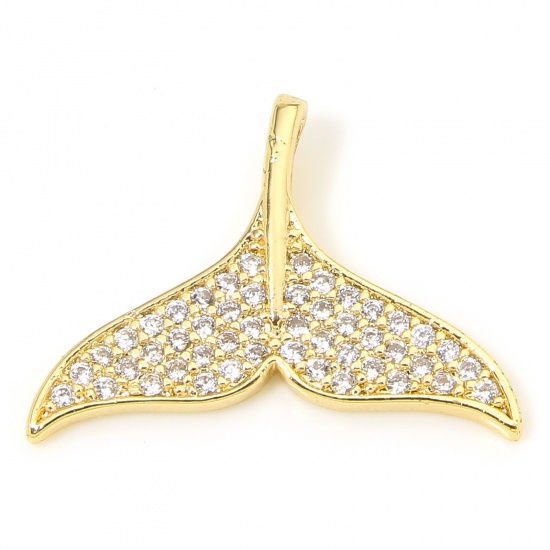 Immagine di 1 Piece Eco-friendly Brass Ocean Jewelry Charms 18K Real Gold Plated Whale Tail Micro Pave Clear Cubic Zirconia 19mm x 14mm
