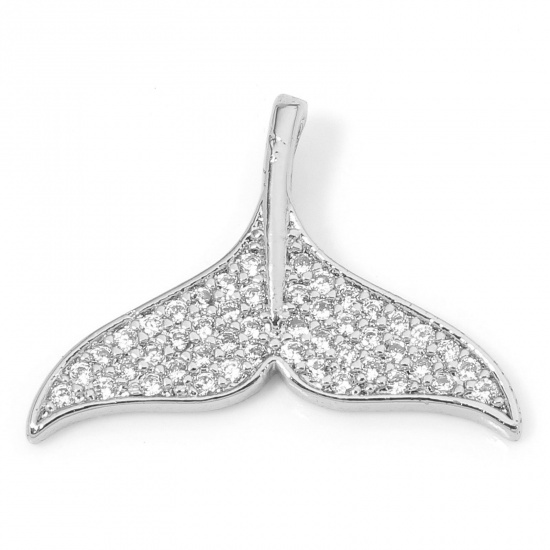 Immagine di 1 Piece Eco-friendly Brass Ocean Jewelry Charms Real Platinum Plated Whale Tail Micro Pave Clear Cubic Zirconia 19mm x 14mm