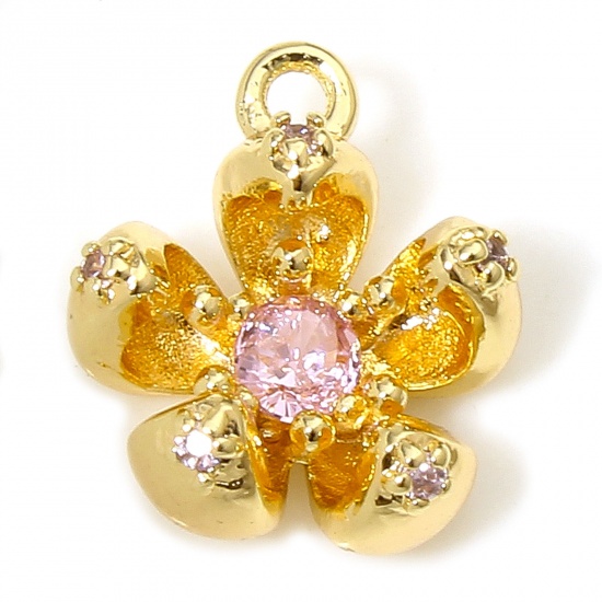 Imagen de 1 Unidad Respetuoso del Medio Ambiente Latón Colgantes Flor 18K Oro Real Chapado 3D Rosado Circón Artificial 12mm x 10.5mm