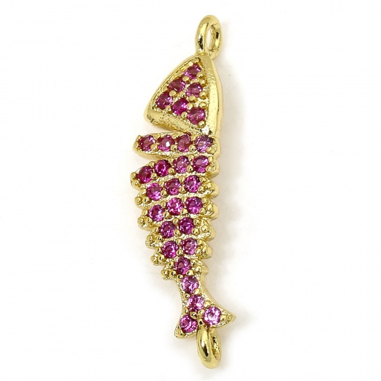 Picture of 1 Piece Eco-friendly Brass Ocean Jewelry Connectors Charms Pendants Fish Animal 18K Real Gold Plated Micro Pave Fuchsia Cubic Zirconia 23.5mm x 6mm