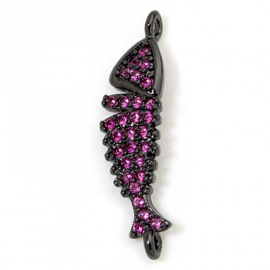 Picture of 1 Piece Eco-friendly Brass Ocean Jewelry Connectors Charms Pendants Fish Animal Black Micro Pave Fuchsia Cubic Zirconia 23.5mm x 6mm