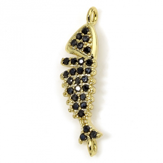 Picture of 1 Piece Eco-friendly Brass Ocean Jewelry Connectors Charms Pendants Fish Animal 18K Real Gold Plated Micro Pave Black Cubic Zirconia 23.5mm x 6mm