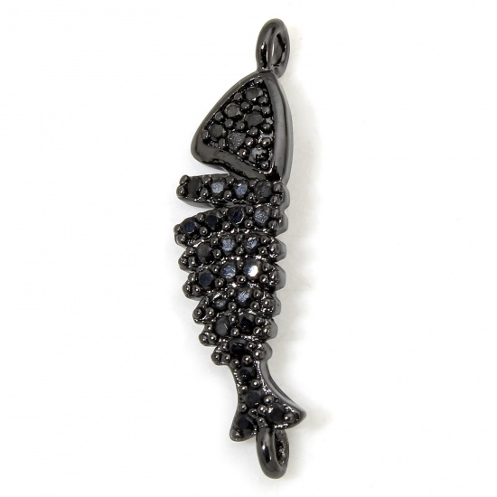Picture of 1 Piece Eco-friendly Brass Ocean Jewelry Connectors Charms Pendants Fish Animal Black Micro Pave Black Cubic Zirconia 23.5mm x 6mm