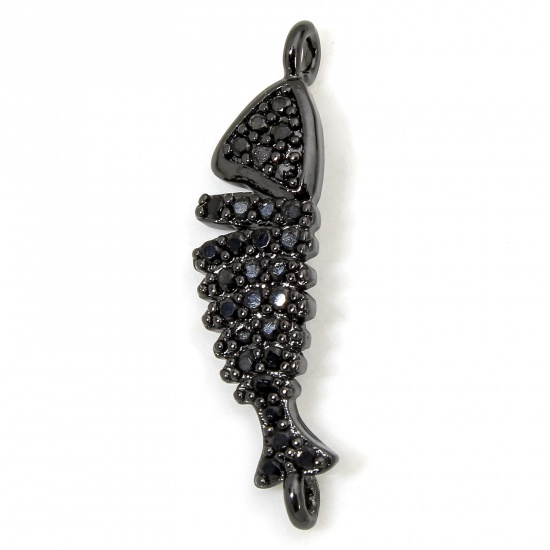 Immagine di 1 Piece Eco-friendly Brass Ocean Jewelry Connectors Charms Pendants Fish Animal Black Micro Pave Black Cubic Zirconia 23.5mm x 6mm