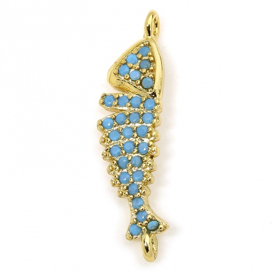 Immagine di 1 Piece Eco-friendly Brass Ocean Jewelry Connectors Charms Pendants Fish Animal 18K Real Gold Plated Micro Pave Blue Cubic Zirconia 23.5mm x 6mm