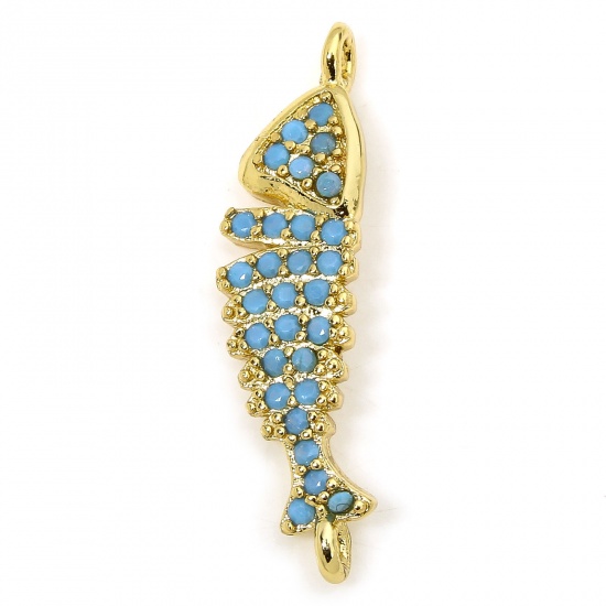 Immagine di 1 Pz Ecologico Ottone Gioielli Oceanici Pendenti Charms Connettori Accessori Pesce 18K Vero Oro Placcato Micro Spianare Blu Cubic Zirconiae 23.5mm x 6mm