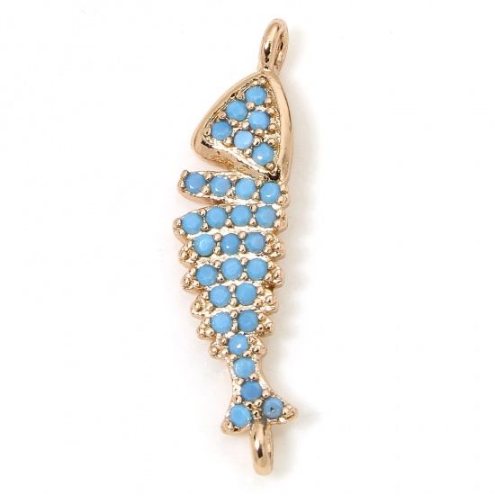 Immagine di 1 Pz Ecologico Ottone Gioielli Oceanici Pendenti Charms Connettori Accessori Pesce Placcato oro rosa reale Rose Micro Spianare Blu Cubic Zirconiae 23.5mm x 6mm