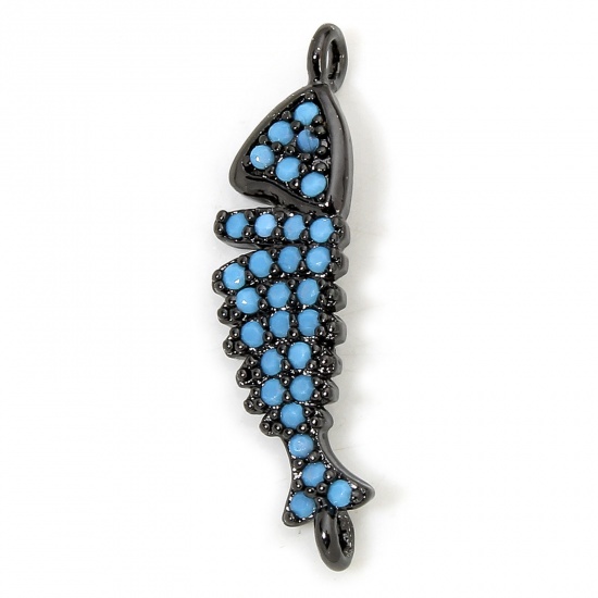 Immagine di 1 Piece Eco-friendly Brass Ocean Jewelry Connectors Charms Pendants Fish Animal Black Micro Pave Blue Cubic Zirconia 23.5mm x 6mm