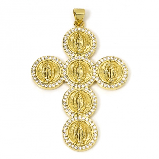Immagine di 1 Piece Eco-friendly Brass Religious Pendants 18K Real Gold Plated Cross Virgin Mary Micro Pave Clear Cubic Zirconia 5cm x 3.2cm
