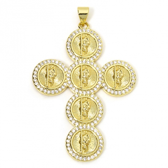 Immagine di 1 Pz Ecologico Ottone Religione Ciondoli Pendenti Croce 18K Oro riempito Gesù Micro Spianare Trasparente Cubic Zirconiae 5cm x 3.2cm