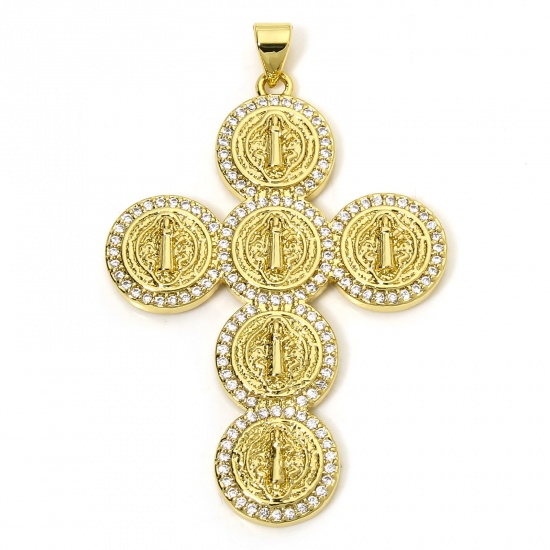 Immagine di 1 Piece Eco-friendly Brass Religious Pendants 18K Real Gold Plated Cross Jesus Micro Pave Clear Cubic Zirconia 5cm x 3.2cm