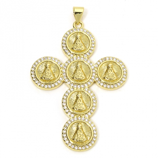 Picture of 1 Piece Eco-friendly Brass Religious Pendants 18K Real Gold Plated Cross Buddha Statue Micro Pave Clear Cubic Zirconia 5cm x 3.2cm